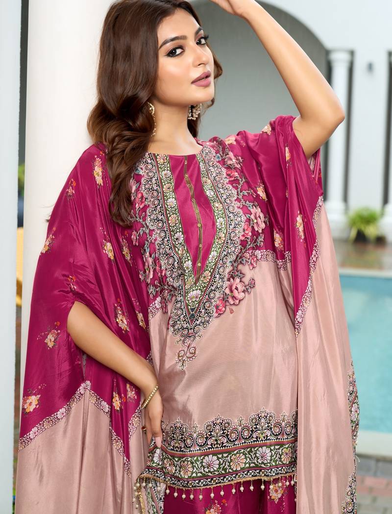 Purple & peach printed with handwork natural crepe kaftan with plazzo