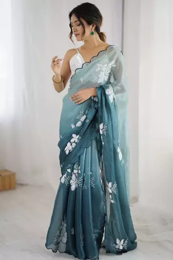 teal glamorous jimmy choo embroidered saree