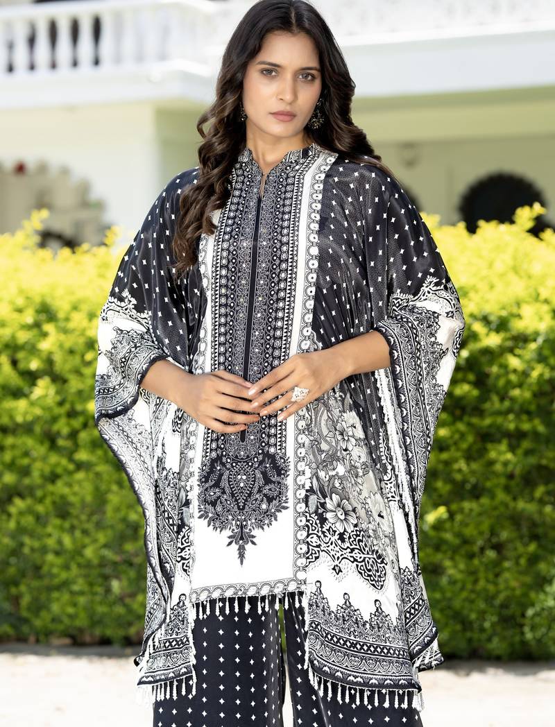 Black printed with handwork natural crepe kaftan with plazzo
