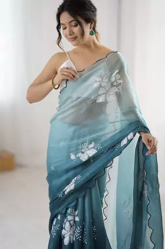 teal glamorous jimmy choo embroidered saree