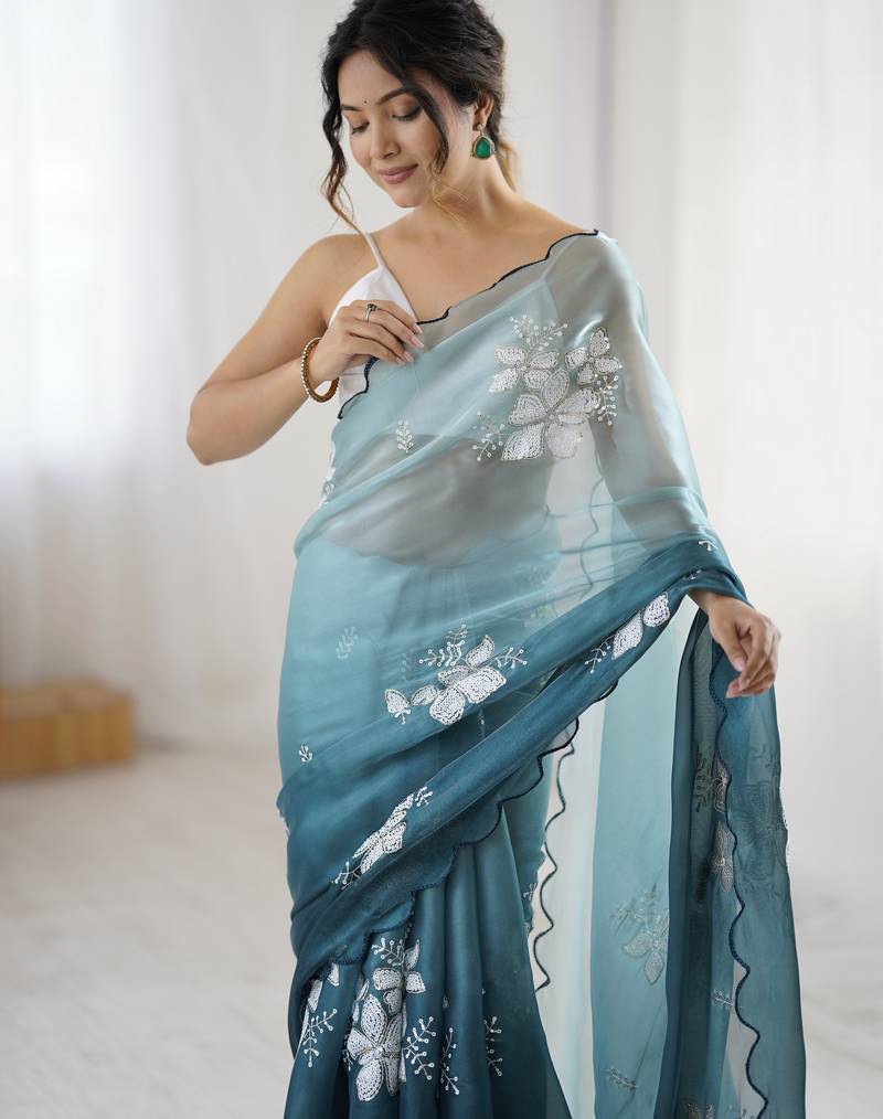 teal  color glamorous jimmy choo fabric beautiful embroidered saree