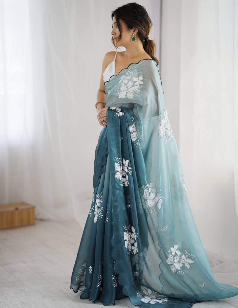 teal  color glamorous jimmy choo fabric beautiful embroidered saree