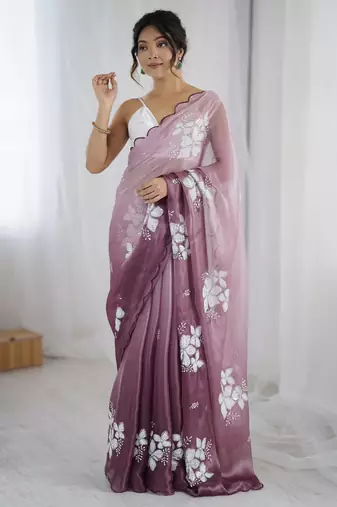purple color glamorous jimmy choo fabric beautiful embroidered saree