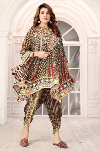 Multicolour printed with handwork natural crepe dhoti style ethnic kurti set