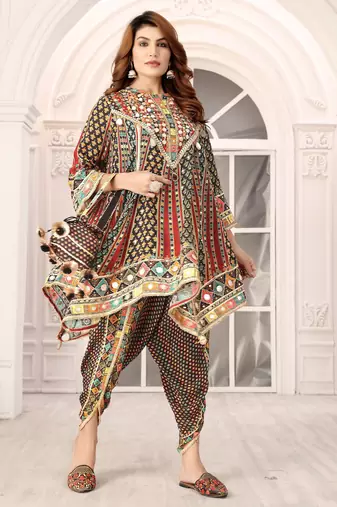 Multicolour printed with handwork natural crepe dhoti style ethnic kurti set