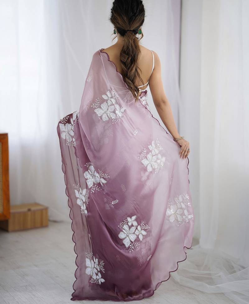 purple color glamorous jimmy choo fabric beautiful embroidered saree
