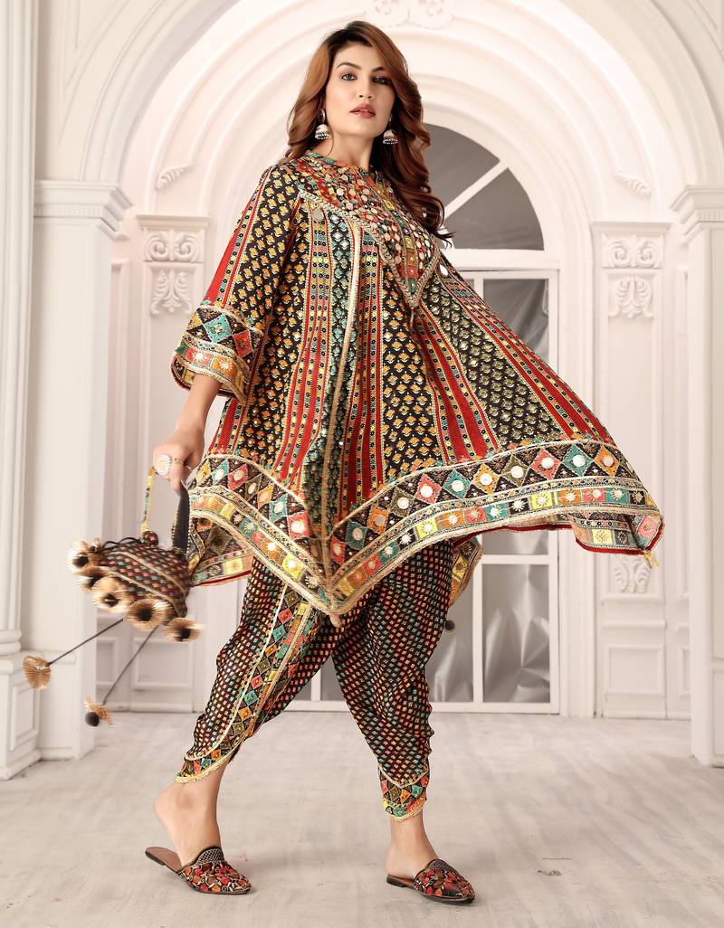 Multicolour printed with handwork natural crepe dhoti style ethnic kurti set
