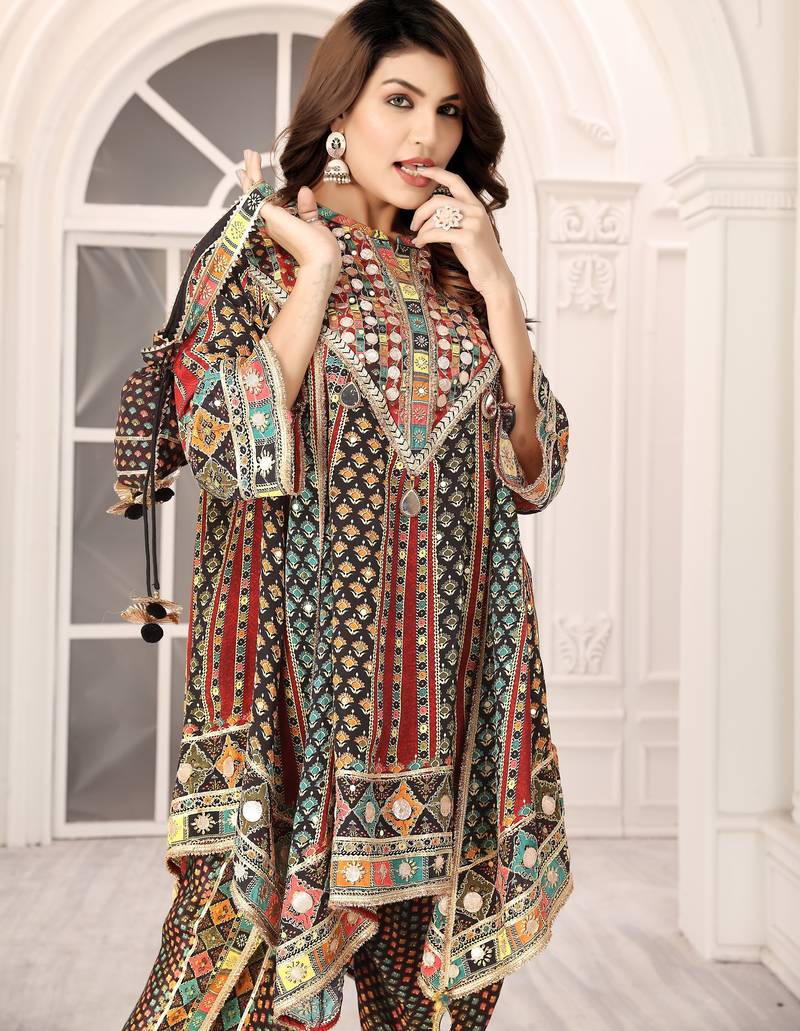 Multicolour printed with handwork natural crepe dhoti style ethnic kurti set