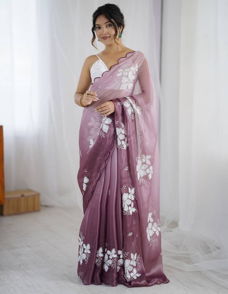 purple color glamorous jimmy choo fabric beautiful embroidered saree