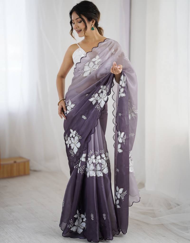 grey color glamorous jimmy choo fabric beautiful embroidered saree