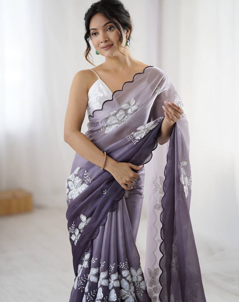 grey color glamorous jimmy choo fabric beautiful embroidered saree