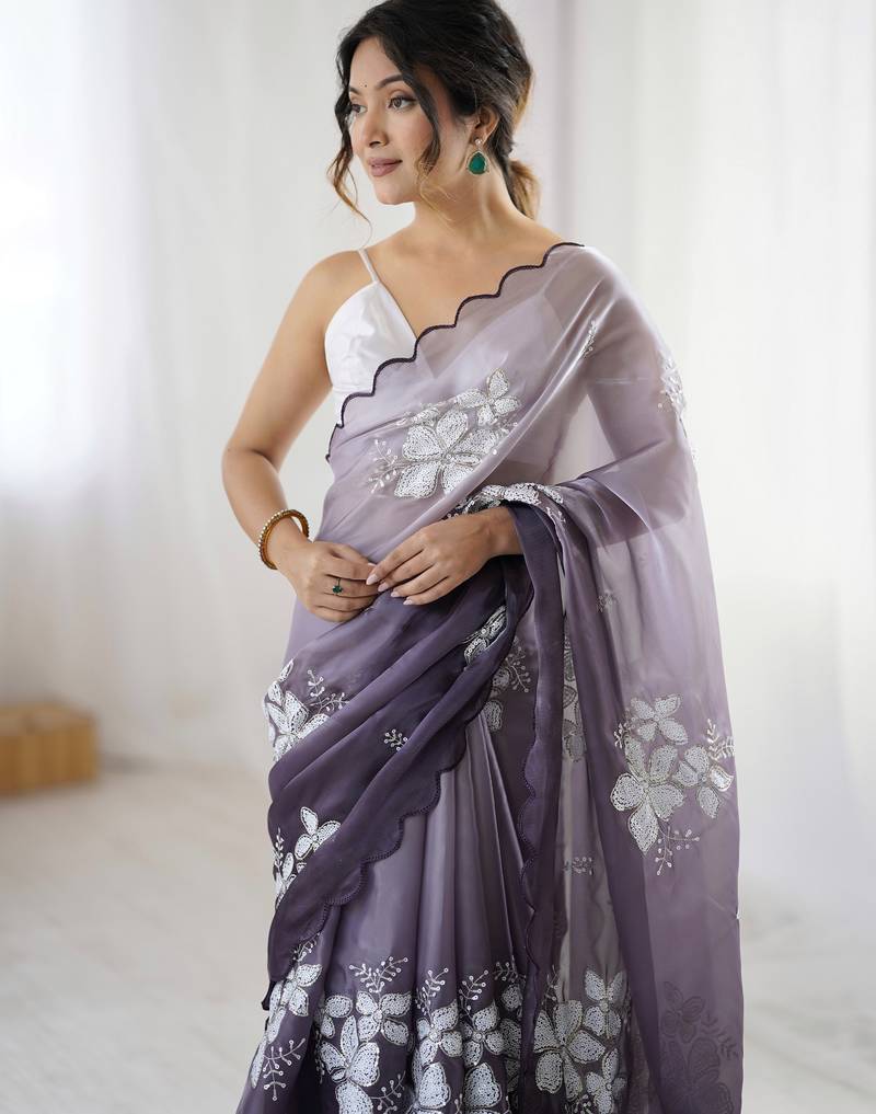grey color glamorous jimmy choo fabric beautiful embroidered saree