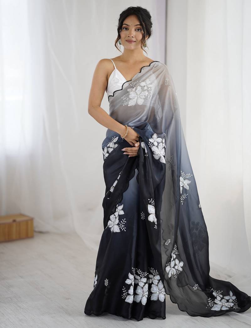 black color glamorous jimmy choo fabric beautiful embroidered saree