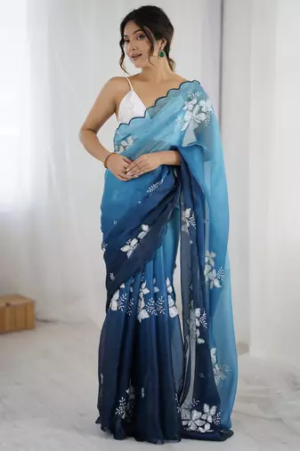 blue glamorous jimmy choo embroidered saree