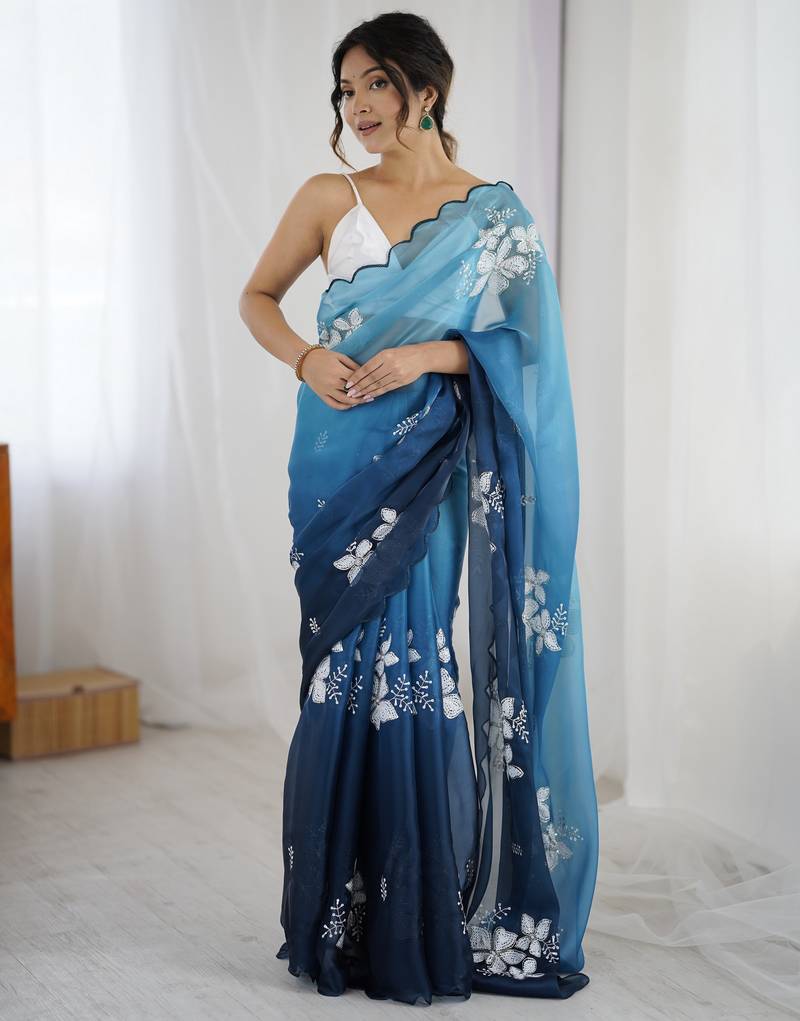 blue color glamorous jimmy choo fabric beautiful embroidered saree