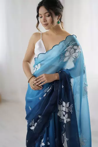 blue glamorous jimmy choo embroidered saree
