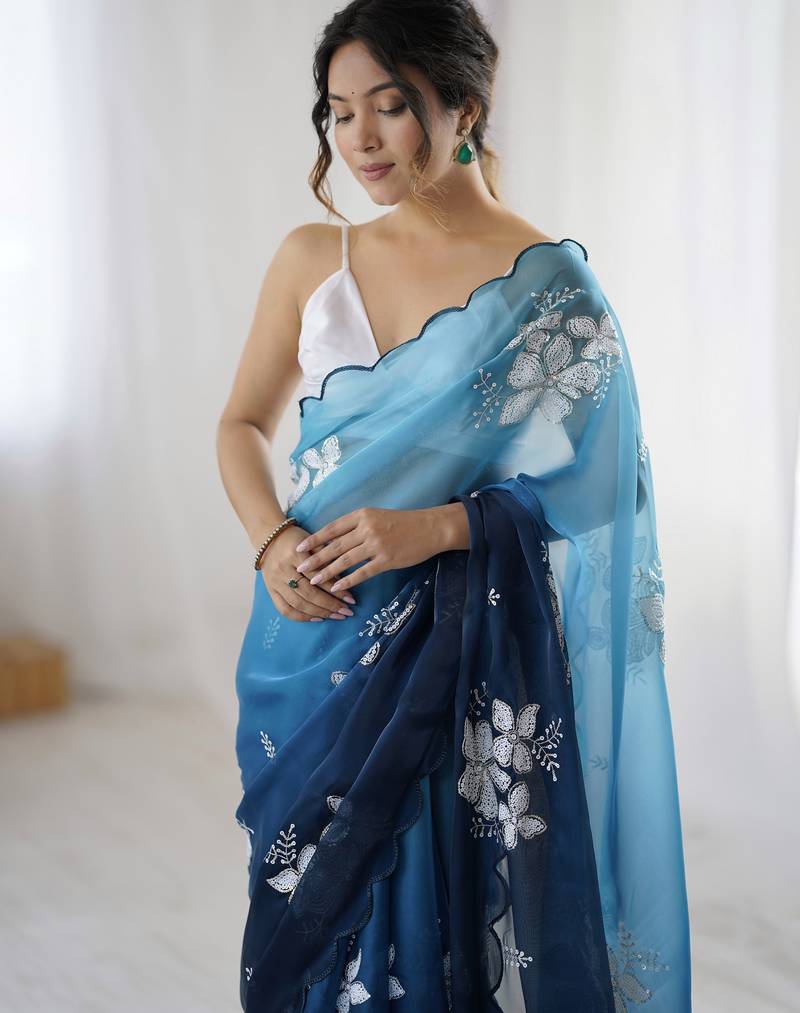 blue color glamorous jimmy choo fabric beautiful embroidered saree