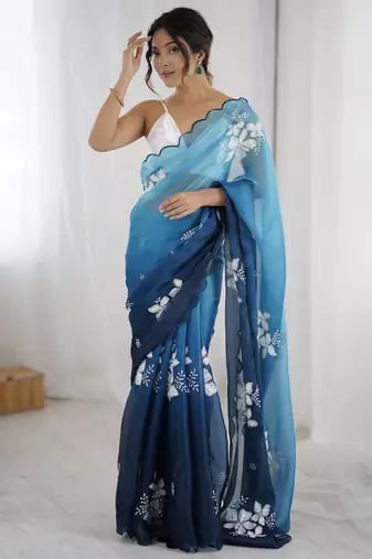 blue glamorous jimmy choo embroidered saree