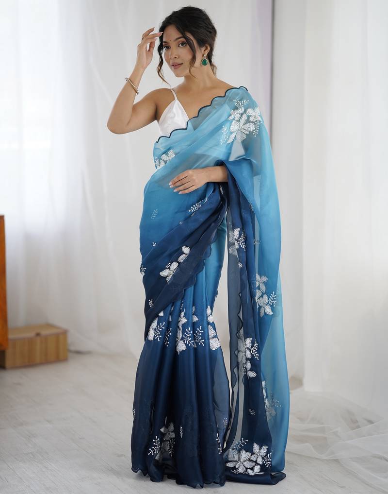 blue color glamorous jimmy choo fabric beautiful embroidered saree