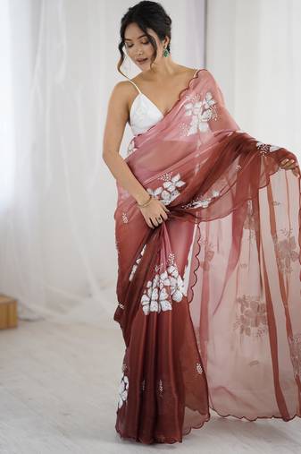 brown color glamorous jimmy choo fabric beautiful embroidered saree