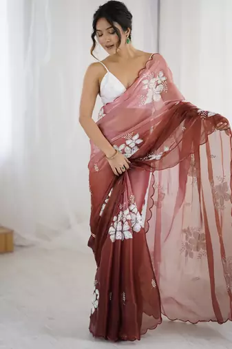 brown color glamorous jimmy choo fabric beautiful embroidered saree