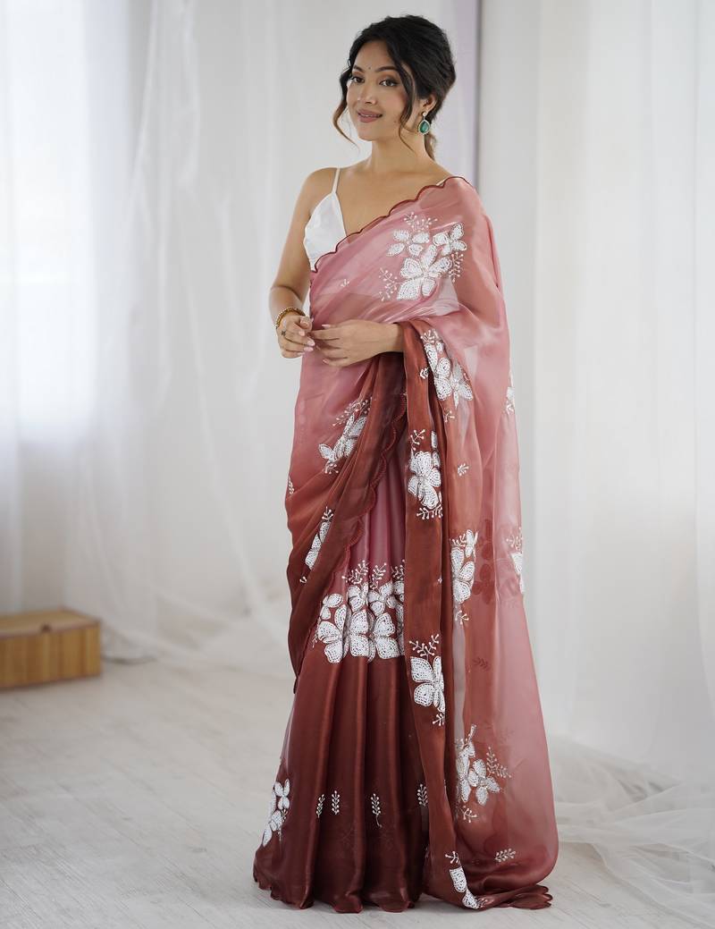 brown color glamorous jimmy choo fabric beautiful embroidered saree