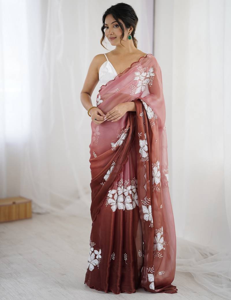 brown color glamorous jimmy choo fabric beautiful embroidered saree
