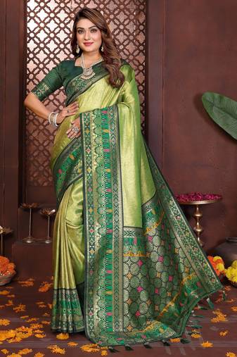 green color banarasi tissue silk blend blend fabric woven rich paithani designer ethnic partywear saree