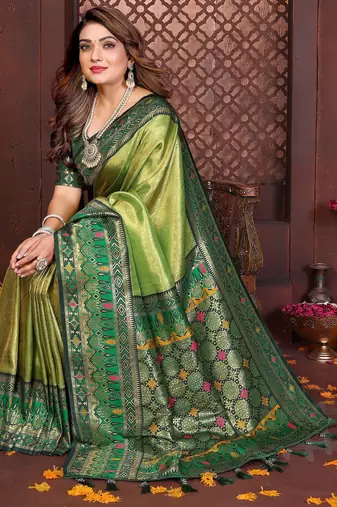 green faux banarasi tissue silk blend blend woven rich paithani ethnic partywear saree