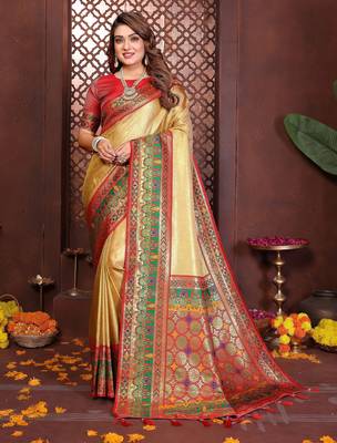 yellow faux banarasi tissue silk blend blend woven rich paithani ethnic partywear saree 1