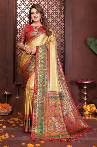 yellow color banarasi tissue silk blend blend fabric woven rich paithani designer ethnic partywear saree