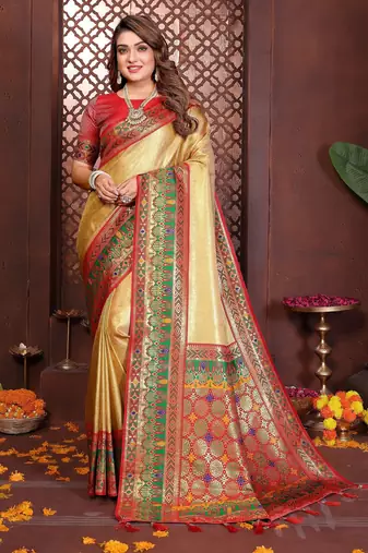 yellow color banarasi tissue silk blend blend fabric woven rich paithani designer ethnic partywear saree