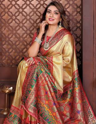 yellow faux banarasi tissue silk blend blend woven rich paithani ethnic partywear saree 4