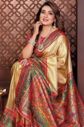yellow faux banarasi tissue silk blend blend woven rich paithani ethnic partywear saree