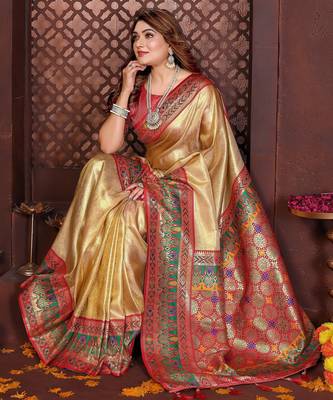 yellow faux banarasi tissue silk blend blend woven rich paithani ethnic partywear saree 5