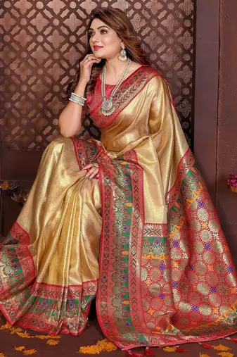 yellow faux banarasi tissue silk blend blend woven rich paithani ethnic partywear saree