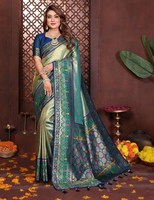 blue faux banarasi tissue silk blend blend woven rich paithani ethnic partywear saree 1