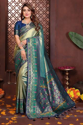 blue color banarasi tissue silk blend blend fabric woven rich paithani designer ethnic partywear saree