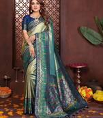 blue color banarasi tissue silk blend blend fabric woven rich paithani designer ethnic partywear saree
