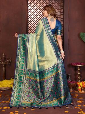 blue faux banarasi tissue silk blend blend woven rich paithani ethnic partywear saree 3