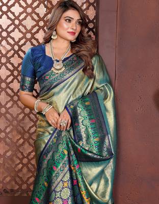 blue faux banarasi tissue silk blend blend woven rich paithani ethnic partywear saree 4
