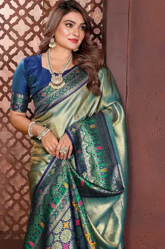 blue faux banarasi tissue silk blend blend woven rich paithani ethnic partywear saree