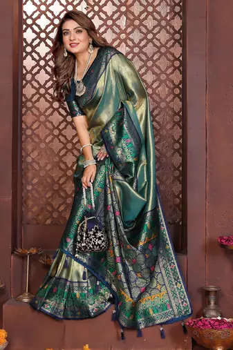 blue faux banarasi tissue silk blend blend woven rich paithani ethnic partywear saree