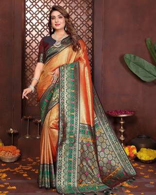 orange faux banarasi tissue silk blend blend woven rich paithani ethnic partywear saree 1