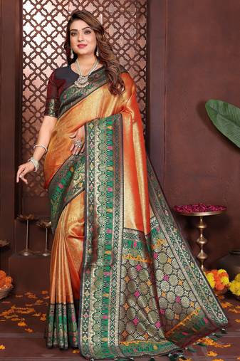 orange color banarasi tissue silk blend blend fabric woven rich paithani designer ethnic partywear saree
