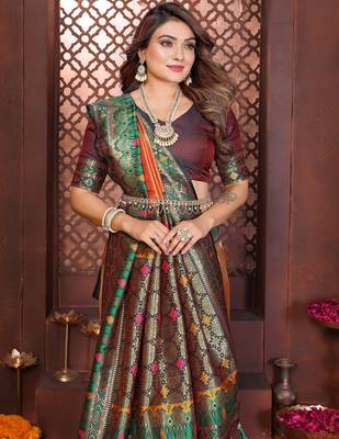 orange faux banarasi tissue silk blend blend woven rich paithani ethnic partywear saree 4