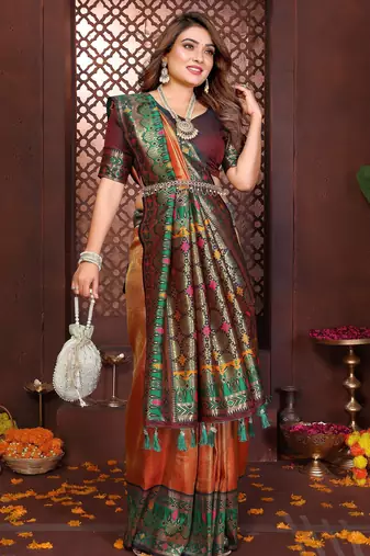 orange faux banarasi tissue silk blend blend woven rich paithani ethnic partywear saree