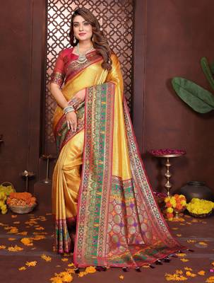 mustard faux banarasi tissue silk blend blend woven rich paithani ethnic partywear saree 1