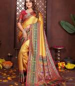 mustard color banarasi tissue silk blend blend fabric woven rich paithani designer ethnic partywear saree