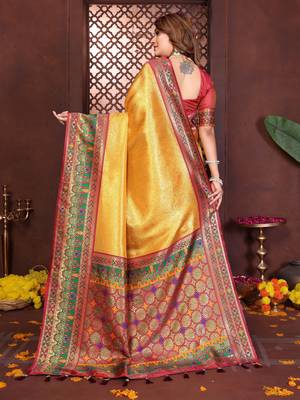 mustard faux banarasi tissue silk blend blend woven rich paithani ethnic partywear saree 3